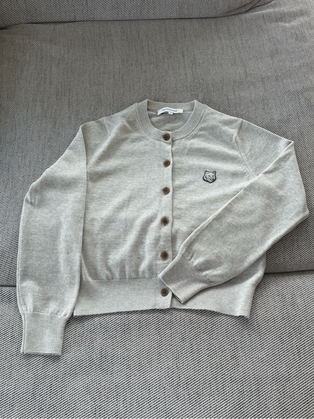 MAISON KITSUNE Light Gray Crewneck Button Cardigan with Fox Patch